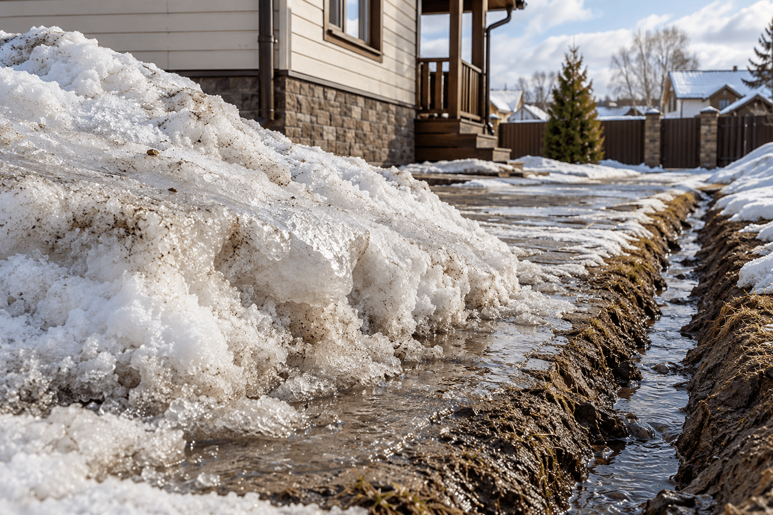 Снежная куча рядом со свободной водоотводной канавой